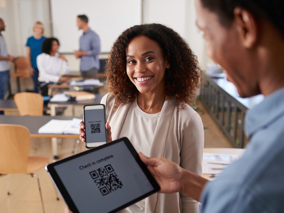 Attendee scanning an event QR code at a check-in desk